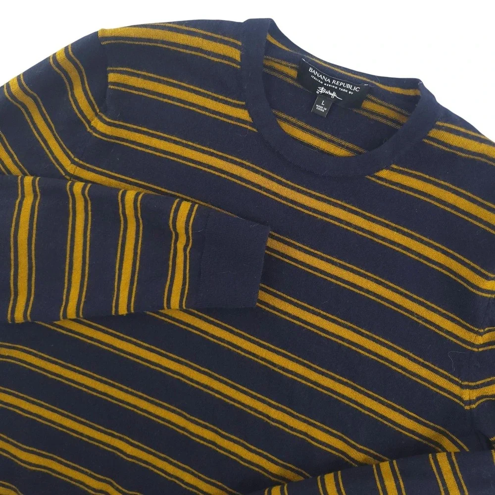 Banana Republic Sweater Mens L Blue Merino Wool Crewneck Knit Pullover Striped